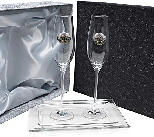 La Galaica - Pack de 2 Copas de Cristal para Champán Cava y Espumoso + Bandeja de