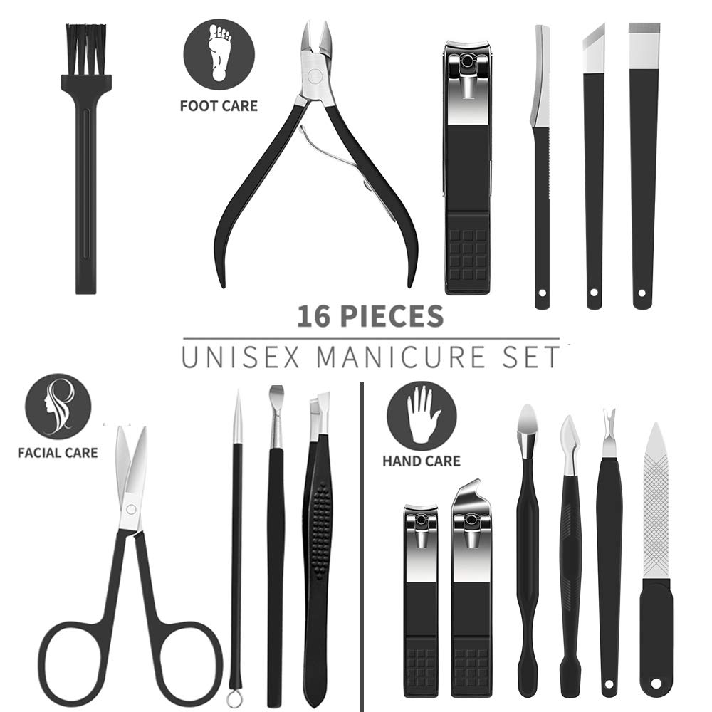 Nail Clippers Set Manicure Pedicure Kit - PWING 16 in 1 Black Manicure Set Professional Pedicure Nail Trimmer Tools, Portable Manicure Grooming Set with Brown Leather Case : Beauty