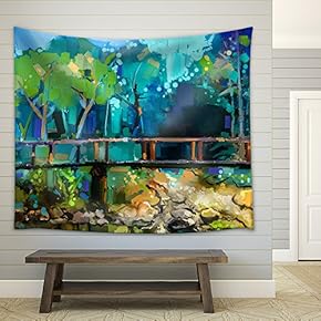 Oil Painting Landscape with Wooden Bridge Over Creek in Forest - Fabric Wall Tapestry Home Decor - 51x60 inches
