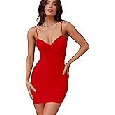 Mokoru Women's Sexy Ruched Bodycon V Neck Mini Dress Sleeveless Spaghetti Strap Club Party Short Dresses