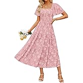 ZESICA Women‘s Summer Boho Floral Midi Dress 2026 Casual Short Sleeve Square Neck Flowy Beach Vacation Long Dress