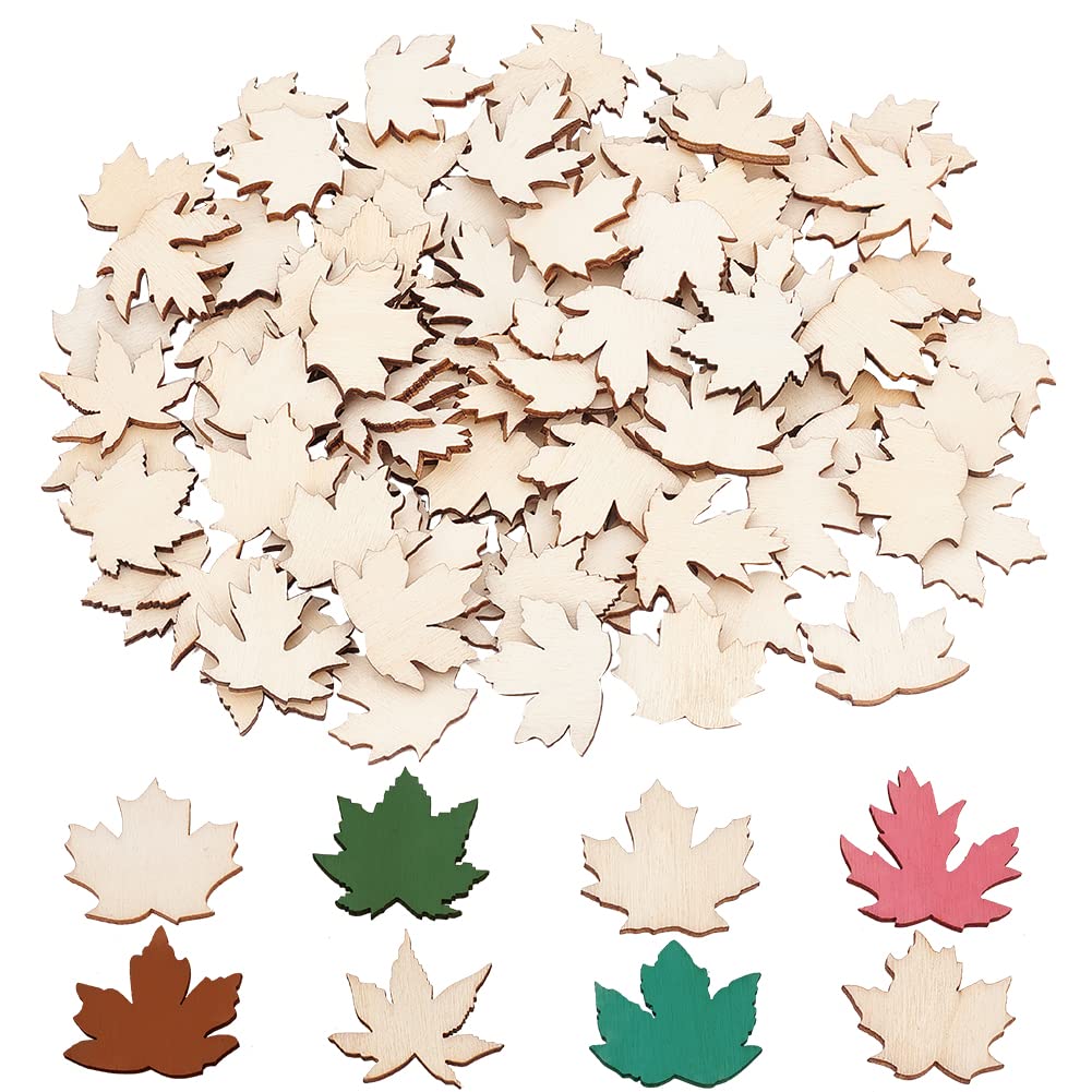 OLYCRAFT 100pcs Wooden Maple Leaf Cutouts - Unfinished Maple Wood Slices - Wooden Craft Pieces for DIY Crafting, Gift Tags, Autumn Party Decorations