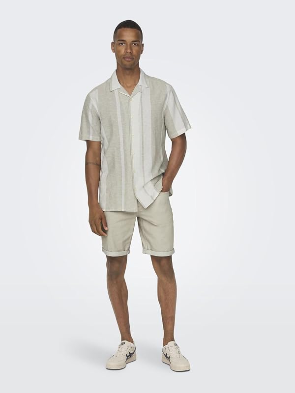 Camisa Hombre Manga Corta Cuello Resort Botones Lino Top Verano, Color:Caqui, Talla:M