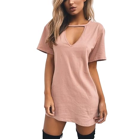 Inlefen Minikleid für Damen - Tiefes V, Kurzarm, Kleider Top, Langes T-Shirt für Damen