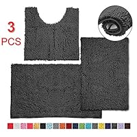 3 Pieces Bathroom Rugs, Anti-Slip Chenille Bath Rug, Super Absorbent Luxury Shaggy Bath Mats Set, Perfect Plush Carpet for Tub, Shower, Bath Room,Machine Washable(Charcoal Grey)