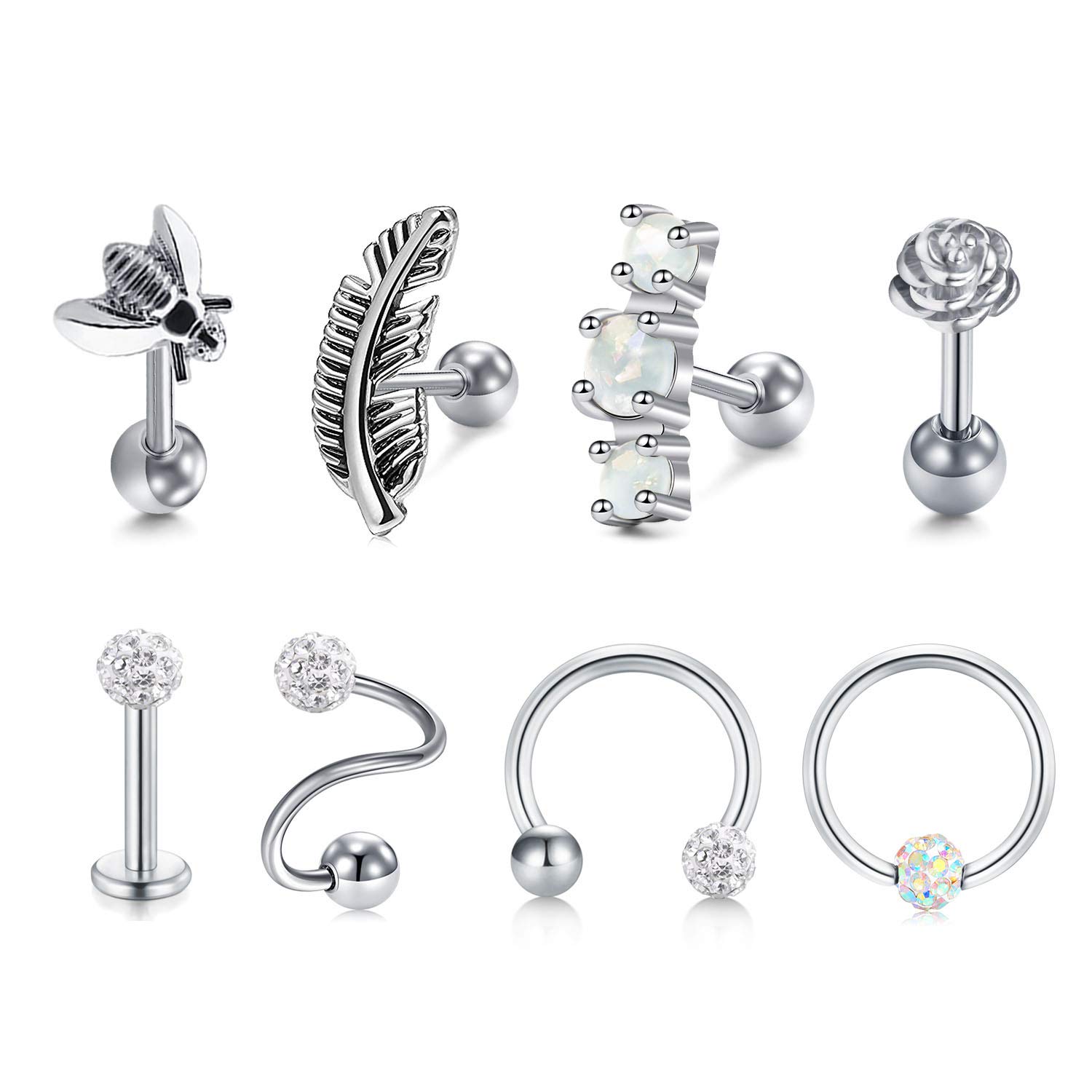 Mayhoop 8 Pcs Tragus Helix Earrings Ear Studs 16G Stainless Steel Silver with Bee Feather Flower Opal Tragus Helix Bar Spiral Barbell Horseshoe Ring Bead Captive Ring Piercing Jewelry