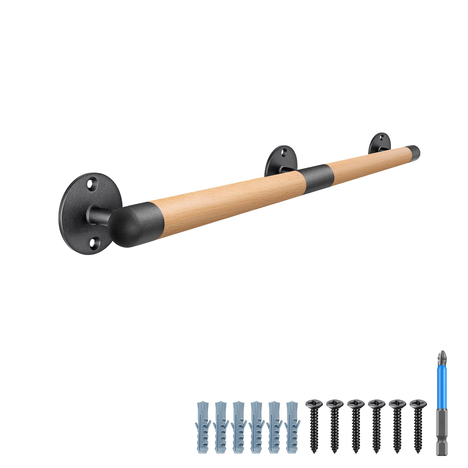 SELEWARE 34 Inch Wood Handrail Indoor Stairs Handrail Wall Mount Handrail w/Sturdy Metal Barckets, Barrier-Free Staircase Grab Bar for Elderly, 1.3 Inch Round — image 1