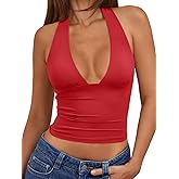 Trendy Queen Womens Halter Crop Tank Tops Backless Deep V Neck Double Lined Going Out Tops Summer Open Back Teens Cute Shirts