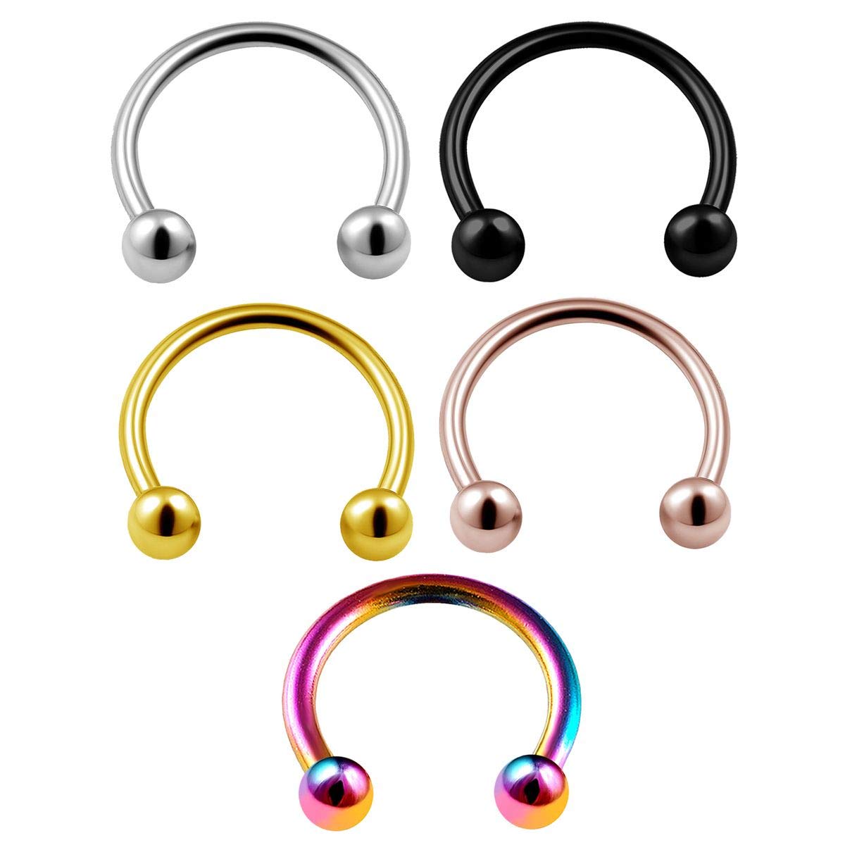 KJM FASHION 5PCS Stainless Steel Rose Black Horseshoe Hoop 16g 3/8 10mm 3mm Ball Lip Earrings Septum Snake Bites Piercing Jewellery 0184
