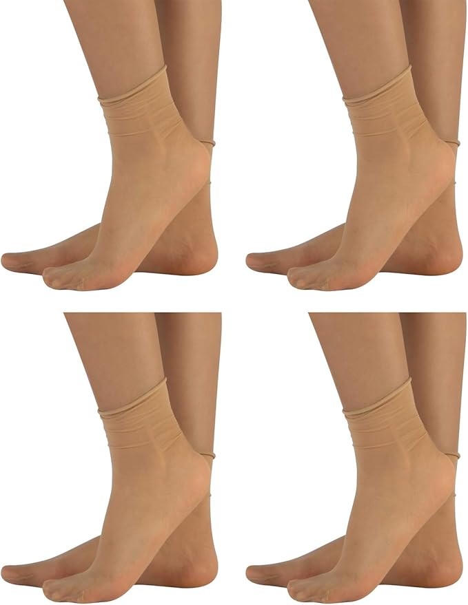 4 Pairs Sheer Pop Socks NonElastic Ankle Sock 20 Den Black, Skin