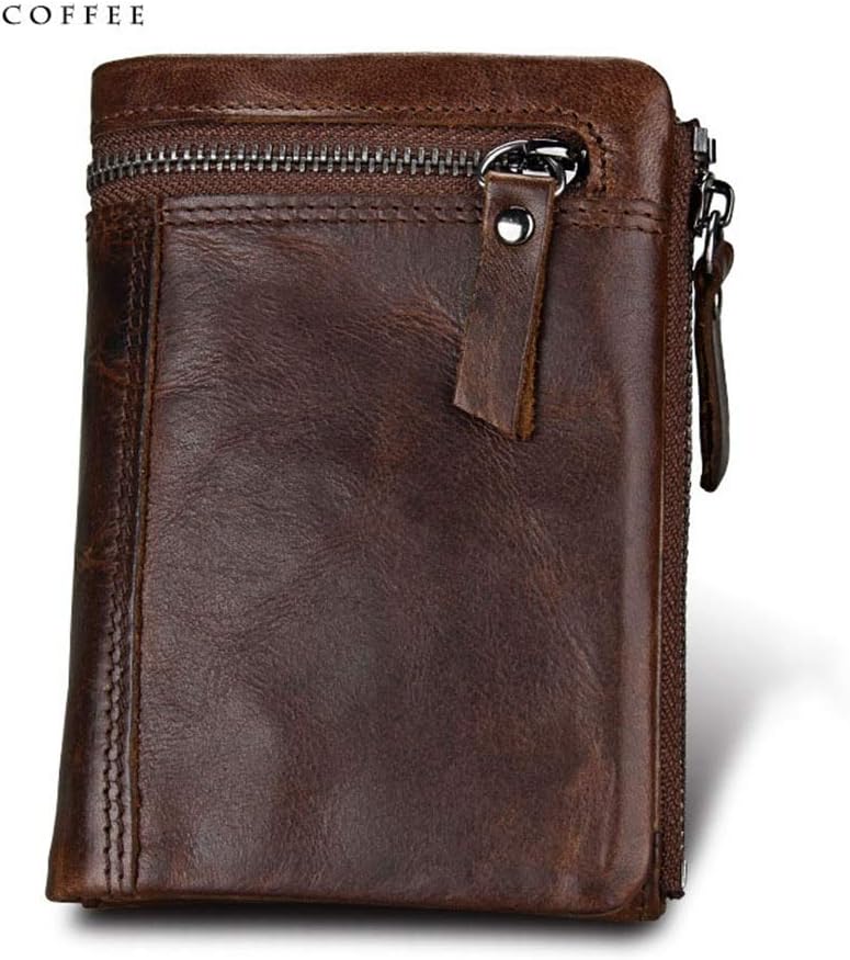 Dfgerten Men's wallet leather Mens Short Wallets RFID Blocking Minimalist Genuine Leather Zipper Purse Bifold- leather/men/dark brown/brown (Color : Coffee)