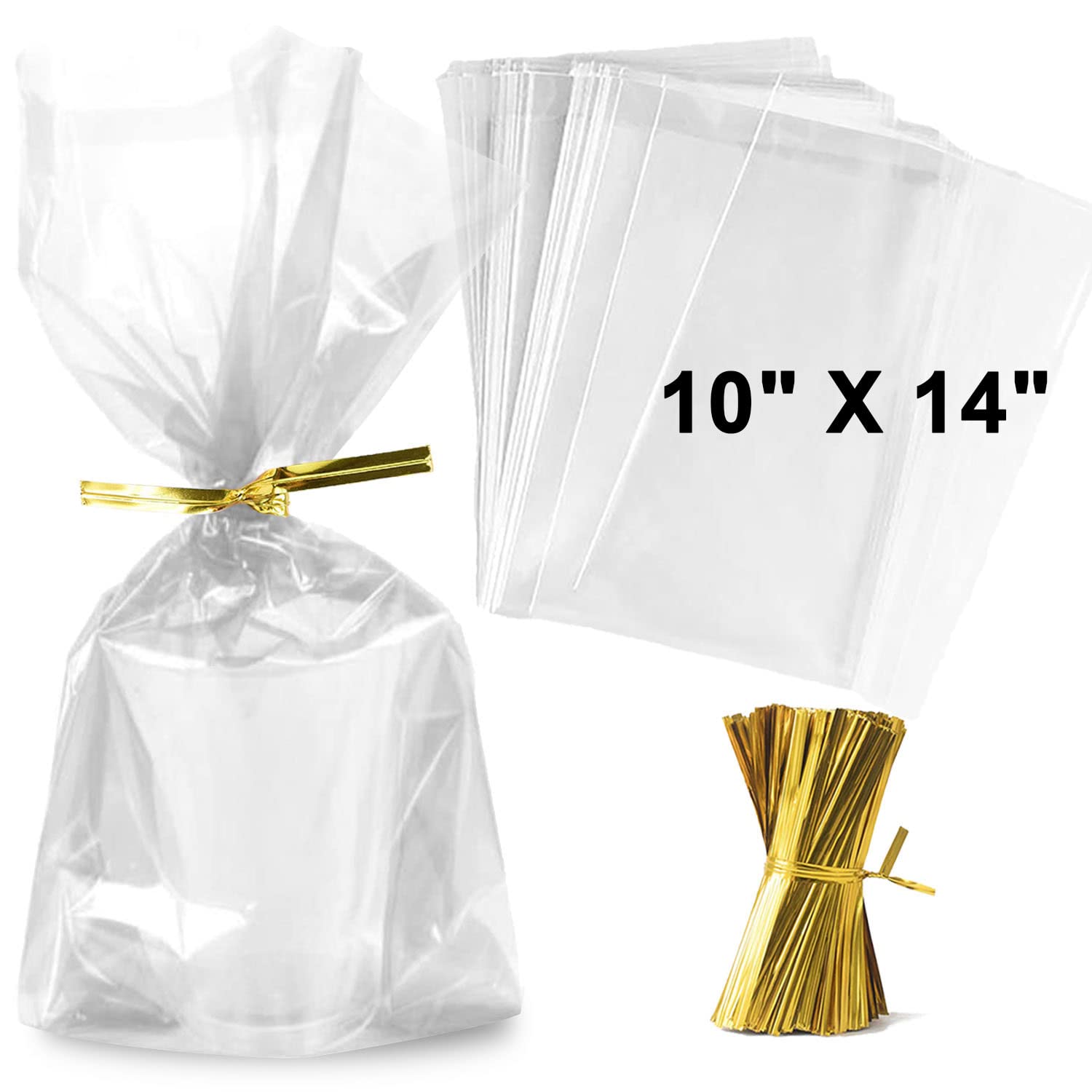 Photo 1 of Zcintert Clear Cello Cellophane Treat Bags, 100 Pcs - 10" x 14"(2mils), Plastic Gift Bags for Candy, Party Favor, Cookies, Candies Packaging, with 4” Twist Ties