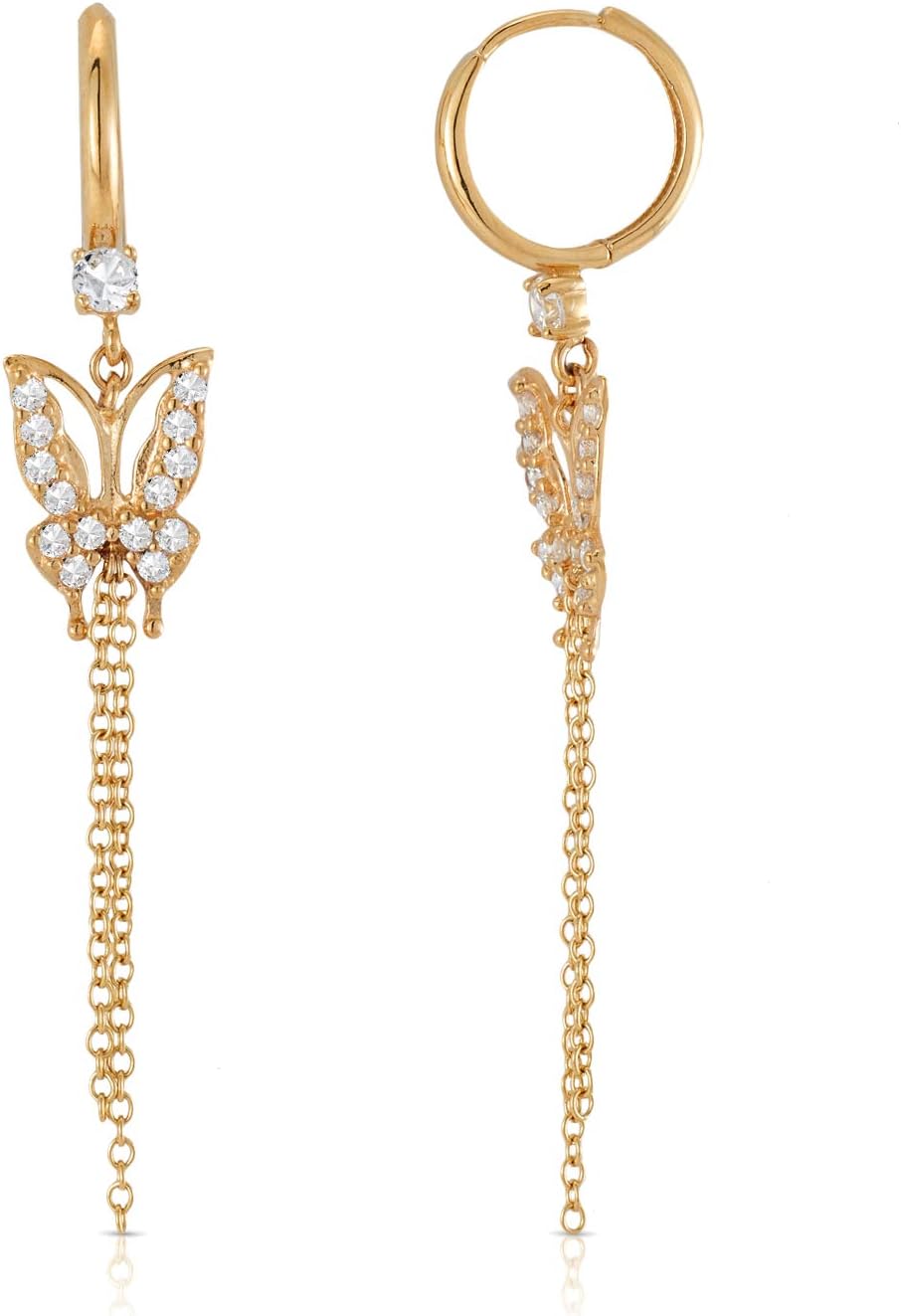 14K Solid Gold CZ Ladies Huggie Butterfly Dangle Earrings, Butterflies Small Hoop Earrings