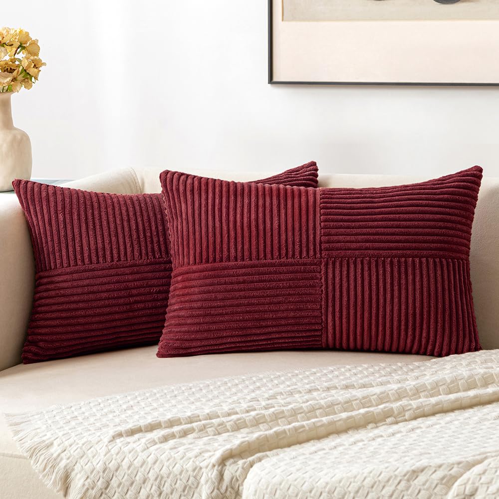 Photo 1 of MIULEE Christmas Burgundy Corduroy Pillow Covers Pack of 2 Boho Decorative Spliced Throw Pillow Covers Soft Solid Couch Pillowcases Cross Patchwork Cushion Covers for Living Room Bed Sofa 12x20 inch