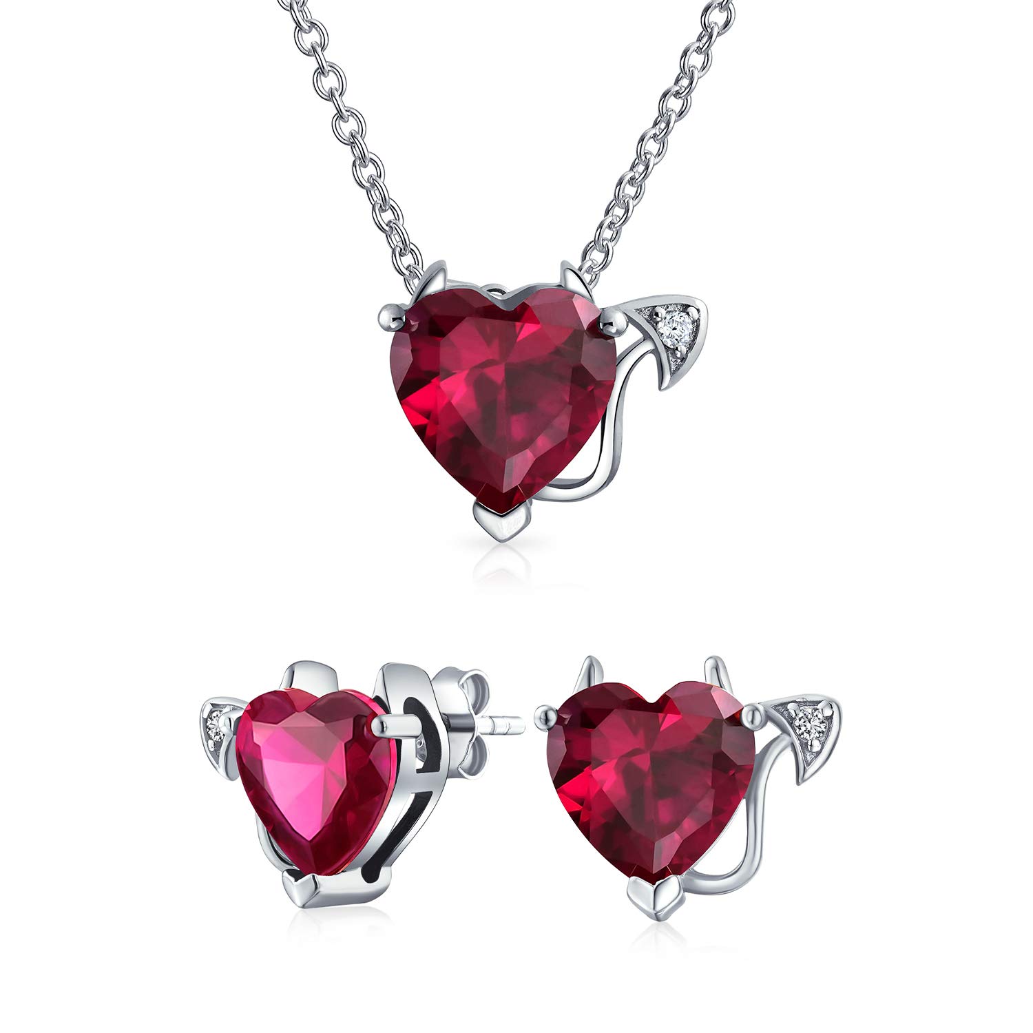 Romantic Cubic Zirconia Red AAA CZ Devil Heart Necklace Stud Earring Pendant Jewelry Set For Women Teen .925 Sterling Silver