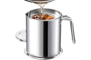 Chihee Grease Container Stainless Steel Bacon Grease Saver with Fine Mesh Strainer 2L / 67.6 fl oz Oil Container Grease Can with Dust-proof Lid Non-slip Tray for Kitchen Storing Frying Cooking Grease