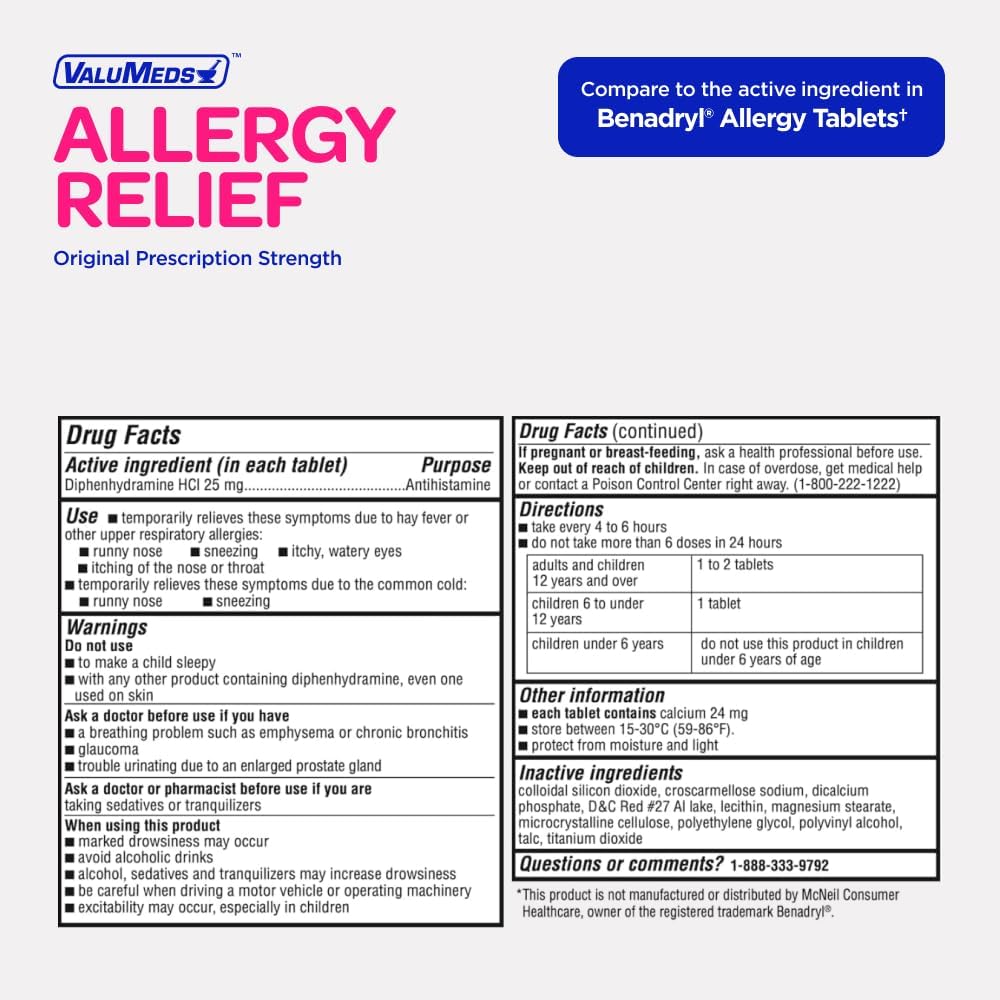 ValuMeds Allergy Medicine Antihistamine, Diphenhydramine HCl 25 mg | Children and Adults | Relieve Itchy Eyes, Runny Nose, Sneezing (25 mg, 600)