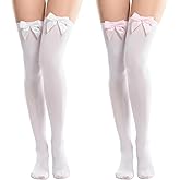 Xthrotsenk 2 Pairs Thigh Stockings with White Bow Women Knee Highs Socks with Pink Bow Knee High Stocking with Satin Bows for Princess Dress Cosplay Party Halloween