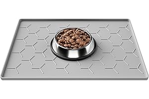 Pieviev 16''x12'' Dog Cat Food Bowl Mat, Silicone Waterproof Food Grade Pet Food Mat for Floor, High Raised Edge to Prevent Spills, Non-Slip & Easy Clean Pet Placemat for Dog & Cat Bowls, Light Gray