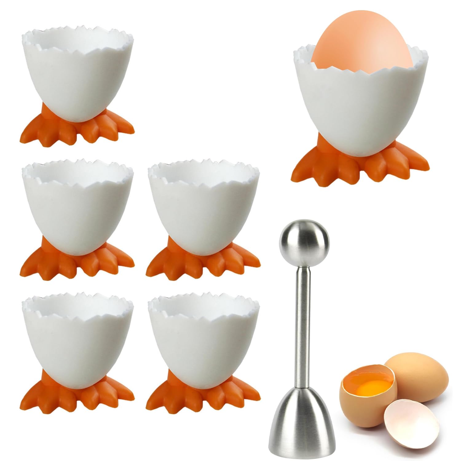 Esshogo Set of 6 Egg Cups and One Egg Opener, Cartoon Egg Stand Egg Cup Funny Plastic Egg Cup Children Breakfast Egg Cup Set Plastic Egg Cup Set for Soft for Boiled Eggs