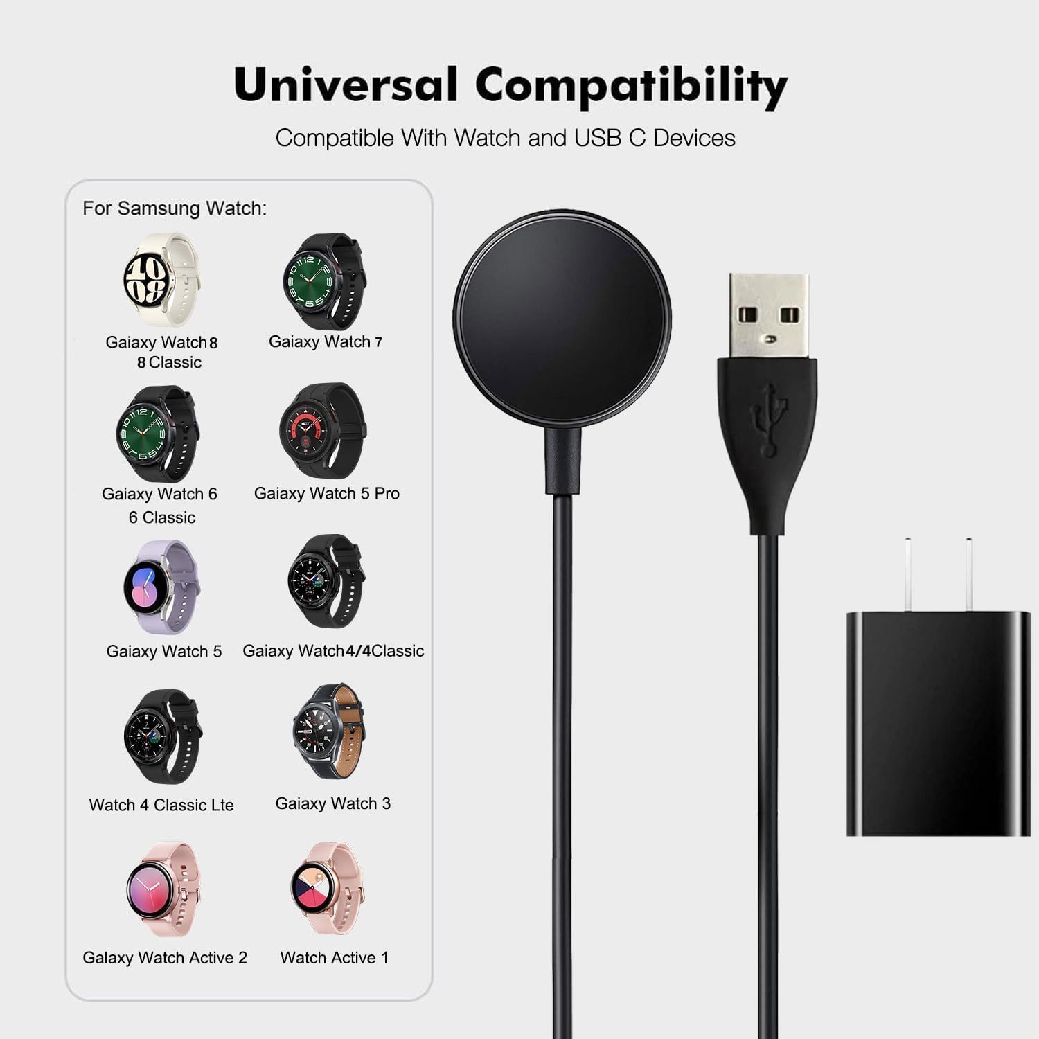 Watch Charger Compatible for Samsung Galaxy Watch 8/8 Classic,7/6/Ultra, 5/5 Pro/4/4/6 Classic/3/Active 2/Active 1, Magnetic Wall Fast Charging Adapter & Cable, Magnetic Wireless Charging Cable 3.3FT