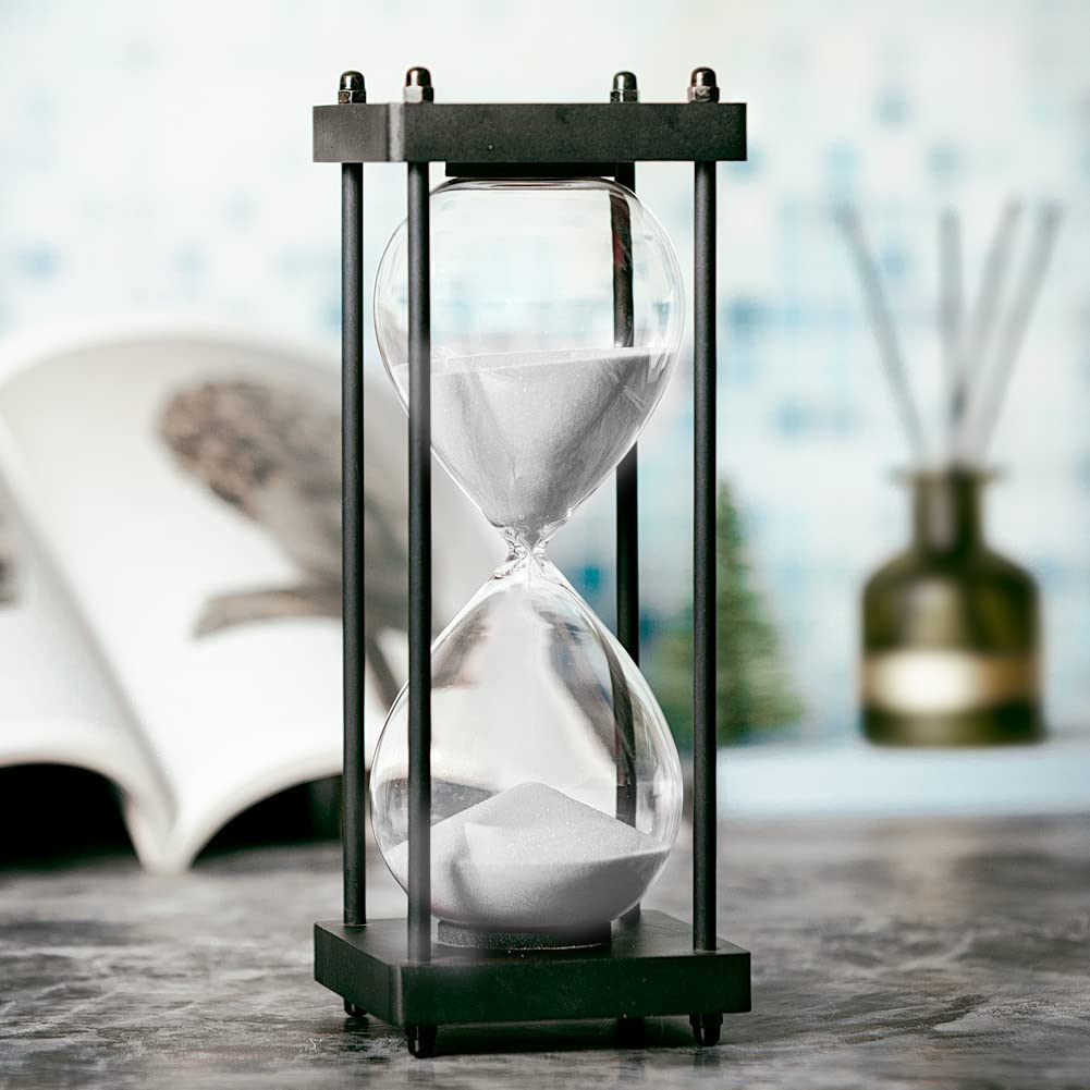 Hourglass Timer 60 Minute, Black Wooden Frame Decorative Sand Timer (White Sand, Large Size)
