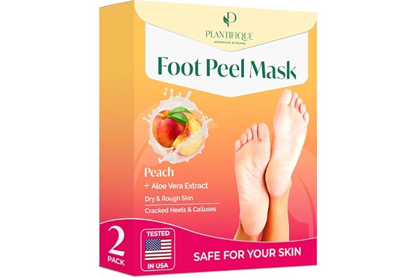 PLANTIFIQUE Foot Peel Mask Dermatologically Tested - 2 Pairs Peach Exfoliating Mask for Dry Cracked Feet - Masque Pied Peelin