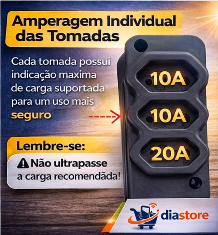 Extensão Elétrica Profissional Reforçada 5 Metros, 3 Tomadas 10A /20A, Cabo PP 2x2,00mm, Bivolt 250V, Preto, Uso Profissional e Residencial - 5m