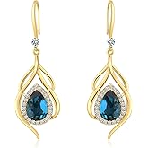 Blue Sapphire Earrings For Women; Blue Yellow Gold Earrings 14k Gold Hollow Teardrop Dangle Earrings Birthstone Earrings Navy Blue Crystal Dangle Earring Dangle Jewelry Gifts