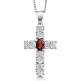 Gem Stone King 925 Sterling Silver Lab Grown Diamond and Red Garnet Cross Pendant Necklace for Women | 2.57 Cttw | Gemstone April Birthstone | Oval 6X4MM | With 18 Inch Chain