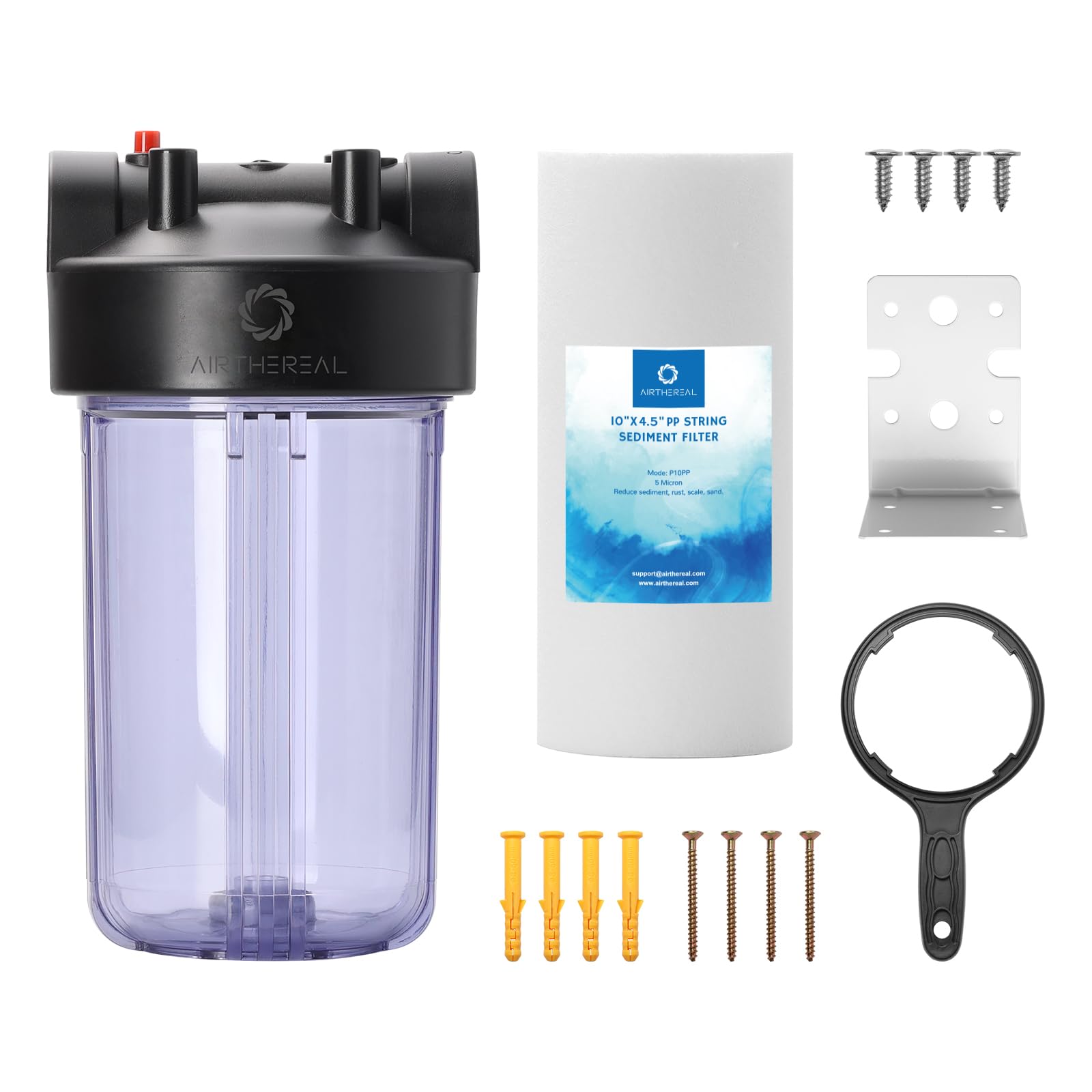 Photo 1 of Airthereal Whole House Water Filter Housing, 10" x 4.5" Sediment Carbon Cartridge Universal Housing, Pre-Filtration System for Well and City Water, 3/4" NPT Port Clear Housing Include 1-Pack PP Filter