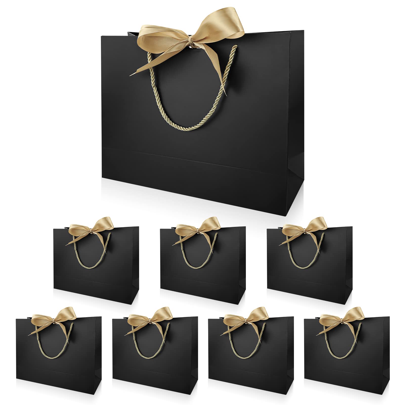 8 pcs Paper Gift Bags, Large Gift Bag with Golden Ribbon and Handles for Birthday, Weddings and Party, 32 * 25 * 11cm, Black
