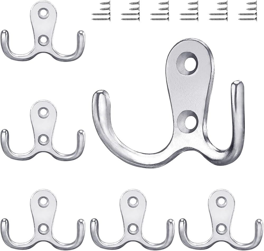 Gorffy 6Pcs Door Hooks Silver Double Heavy Duty Coat Hooks with 24 Screws
