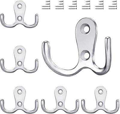 Gorffy 6Pcs Door Hooks Silver Double Heavy Duty Coat Hooks with 24 Screws