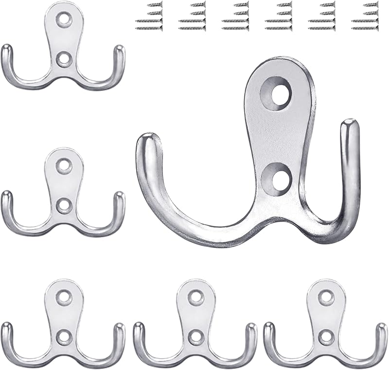 Gorffy 6Pcs Door Hooks Silver Double Heavy Duty Coat Hooks with 24 Screws