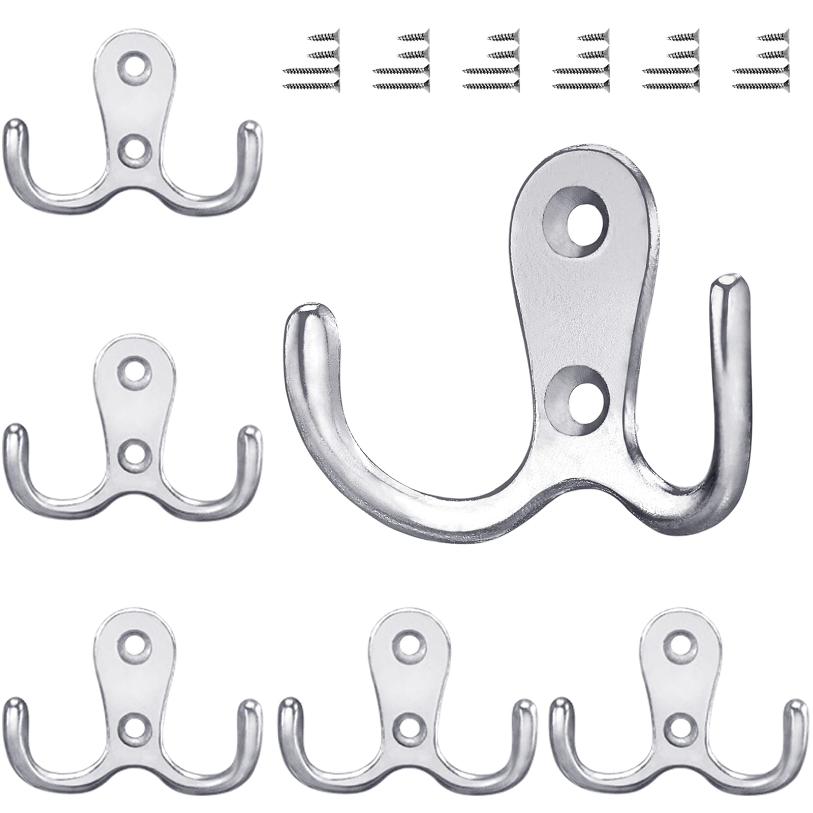 Gorffy Door Hooks 6PCS, Retro Silver Double Heavy Duty Metal Coat Hook with 24 Screws for Hanging, Robe, Towel, Coat, Bag & Hat (Silver, 6PCS) — image 1