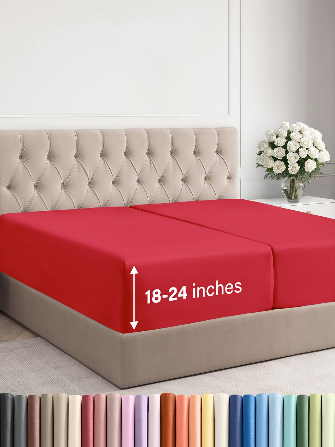 Photo 1 of Extra Deep Split King Fitted Sheet - Hotel Luxury Single Fitted Sheet Only - Easily Fits 18 inch to 24 inch Mattress - Ultra Soft, Wrinkle & Fade Free w/Extra Deep Pockets - Breathable & Comfy - Red