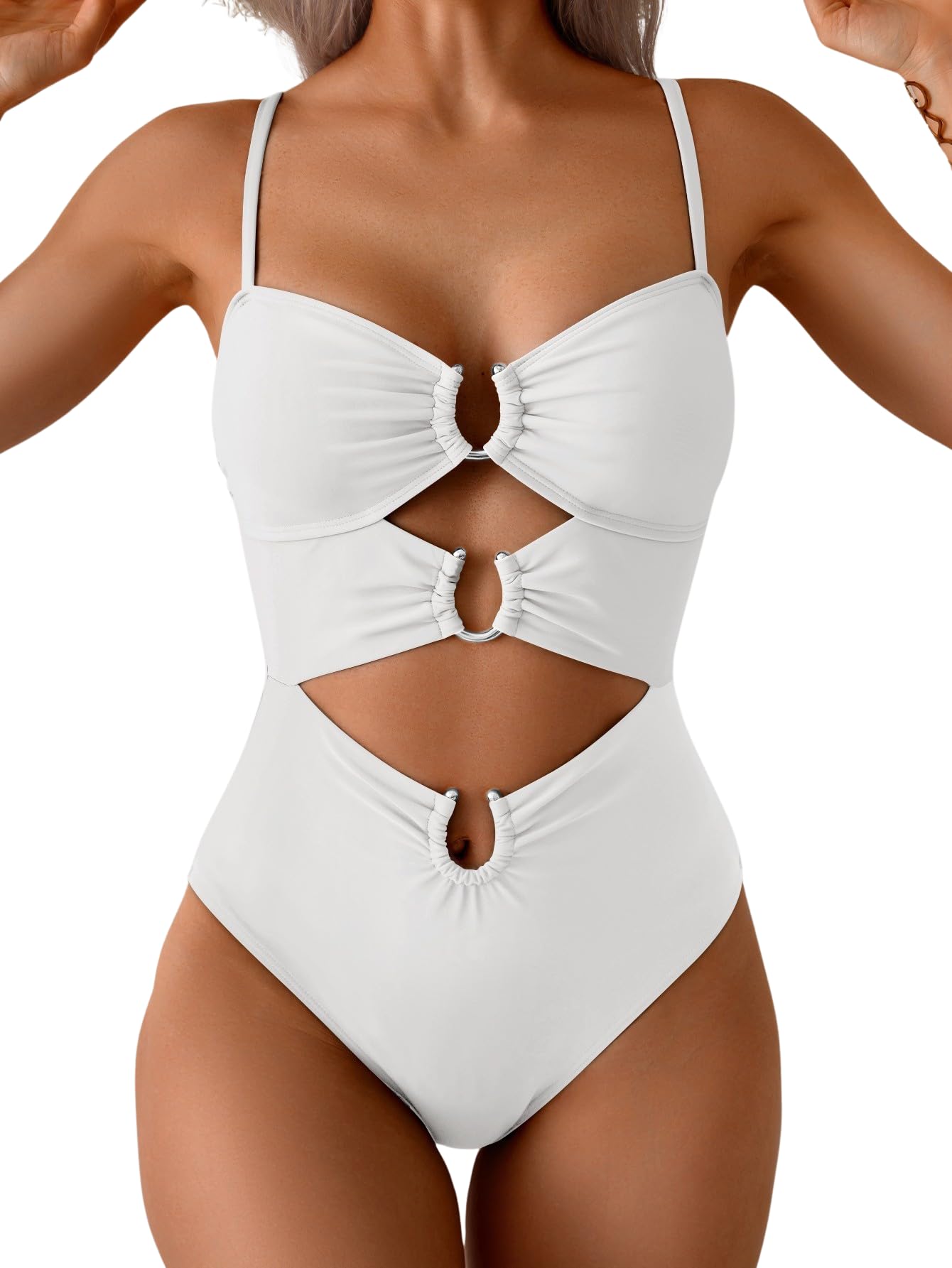 Photo 1 of Eomenie One Piece Swimsuit for Women Ring Linked Monokini Sexy Bathing Suit Cutout Swim Suit White