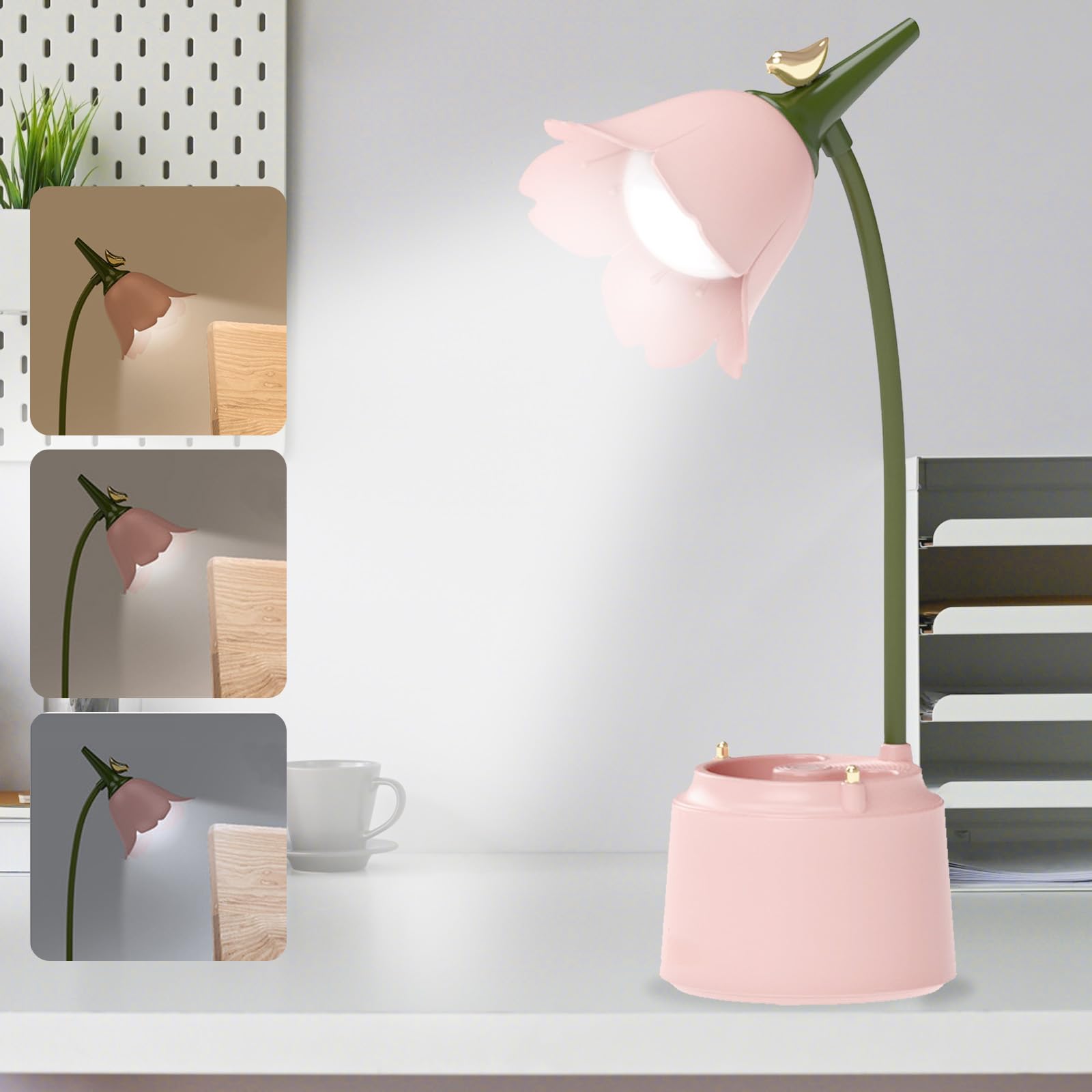 YOYIAG LED Flower Desk Lamp: Adjustable Flower Shaped Touch Reading Lamp with 3 Color Modes and Stepless Dimming, USB Rechargeable LED Desk Lamp with Pen Holder and Phone Holder(Pink)