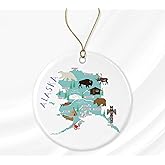PTDShops Alaska State Ornament, Xmas Tree Hanging Decorations, Ceramic USA Souvenir Printed on Both Sides