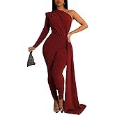 ZonJie Burgundy Sexy Sequin Jumpsuits for Women Elegant Sparkly Pants Bodycon Long Sleeve Party Rompers,939 Burgundy Large