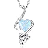 LOUISA SECRET 925 Sterling Silver Opal Birthstone Necklace, Unique Tiny Double Heart Pendant Jewelry, Engraved with "S925 I Love You" Best Birthday Gift for Women Wife Girlfriend Mom Her, Christmas Day Valentine's Day Anniversary Mother's Day