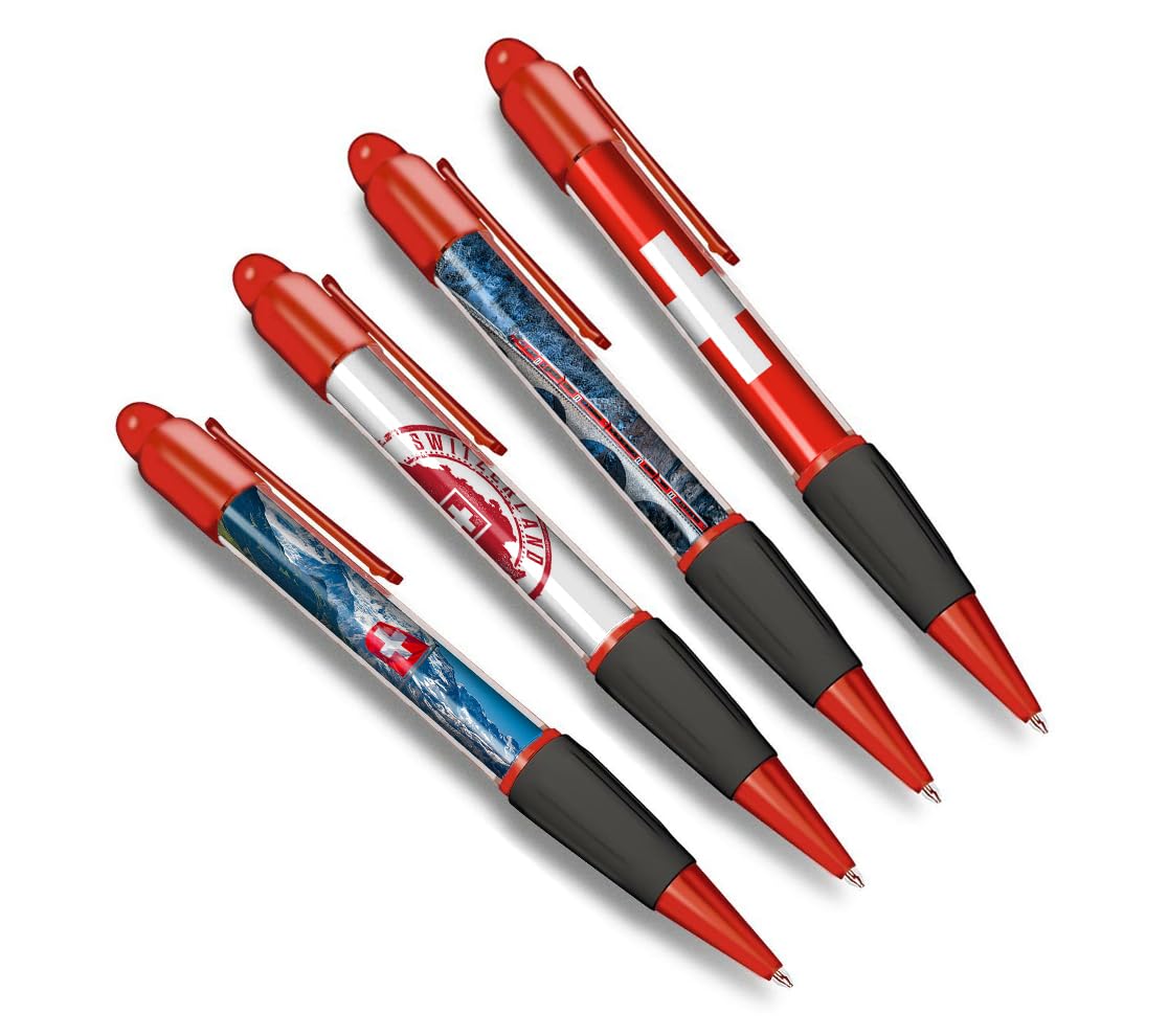 DV DESIGN Set of 4 Switzerland Red Ballpoint Pens - Swiss Flag Mountain Travel Holiday Stationary Boys Girls Men Women Theme Pen Black Ink #81368