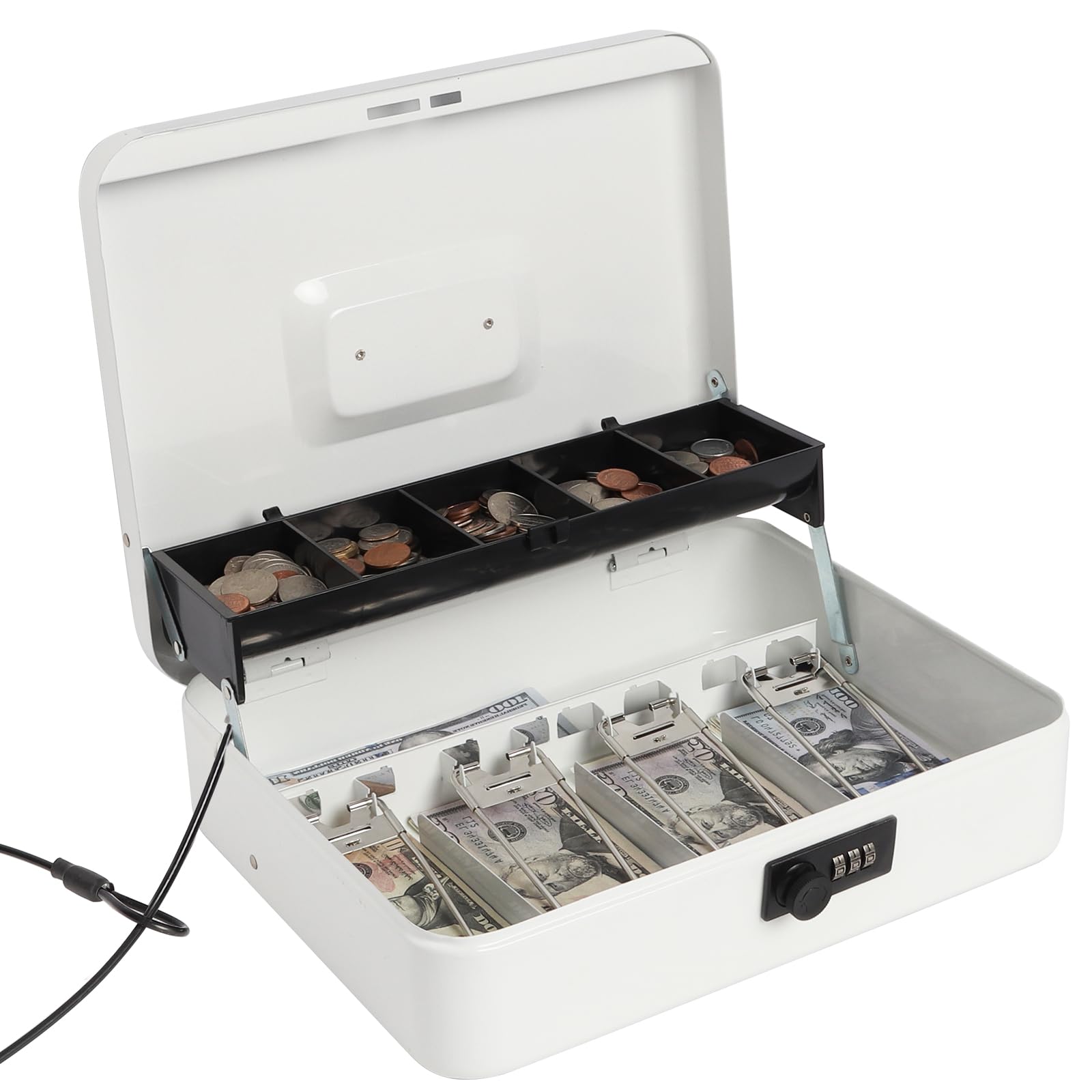 Photo 1 of (USED/FAIR) Jssmst Large Locking Cash Box with Money Tray, Metal Money Box with Combination Lock, White