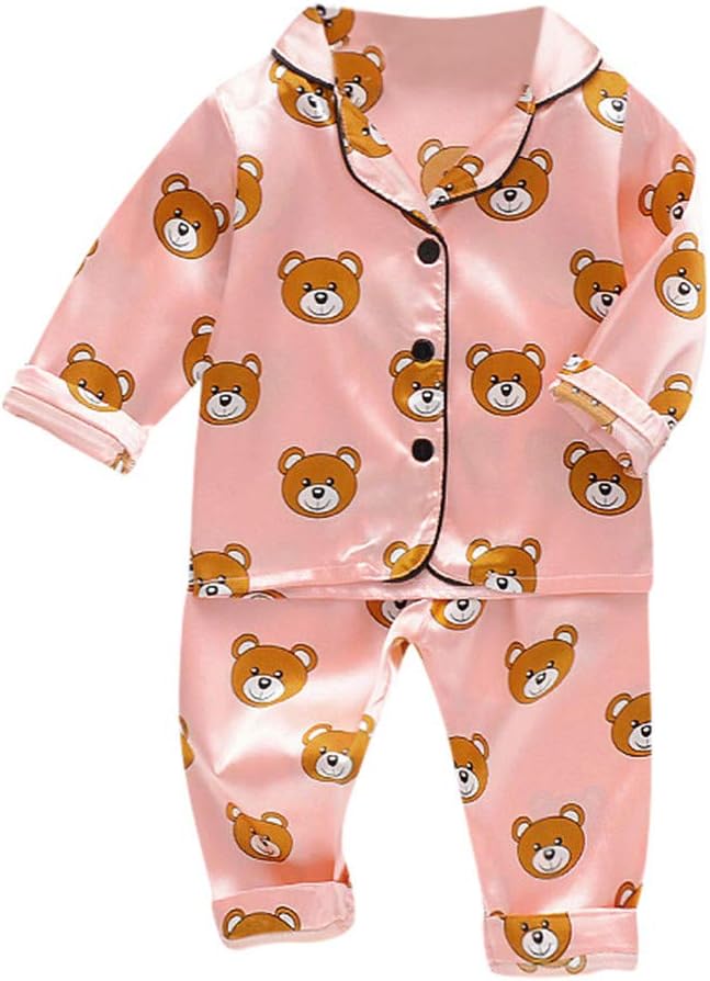 Easong Toddler Kids Baby Boys Girls Pajamas Sets, Cartoon Bear Print Sleepwear Short Sleeve Top Shirt + Shorts Clothes Set Summer Silk Satin Nightwear