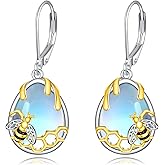 YFN Bee/Flower/Hummingbird Bird Moonstone Earrings 925 Sterling Silver Teardrop Dangle Hypoallergenic Leverback Earring for Women