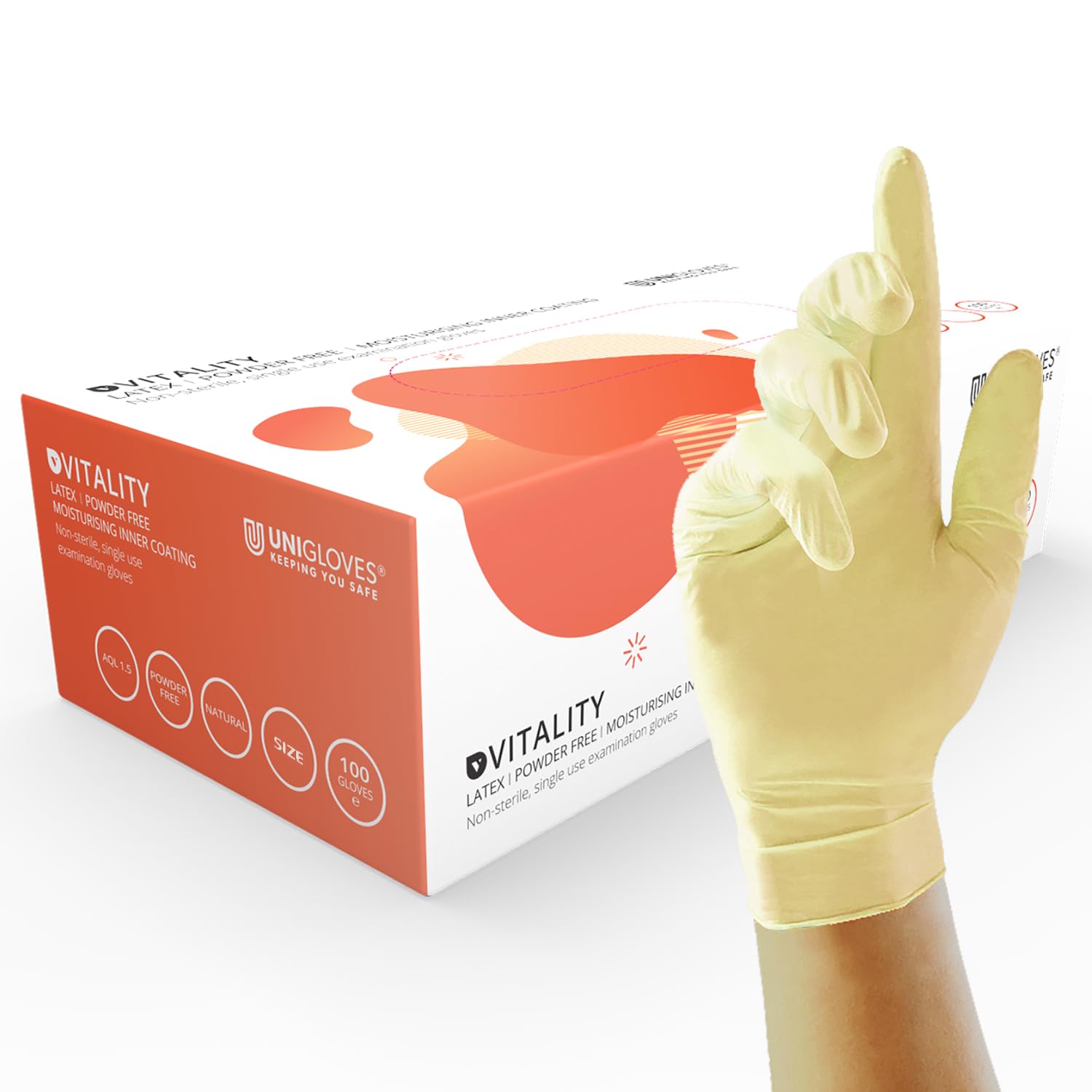 Unigloves Vitality GD0021 Moisturising Latex Examination - Multipurpose, Powder Free Disposable Gloves, Box of 100 Gloves, Natural, Extra Small