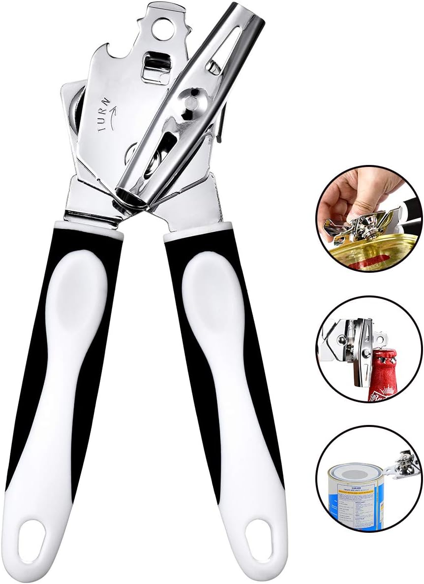 Can Opener Manual, DZY 3-in-1 Smooth Edge Stainless Steel Tin Can Openers - Built-in Lid Lifter Bottle Opener - Heavy Duty Kitchen Hand Jar Opener with Large Turn Knob, Anti-Slip Handle