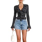 winkbay Women's Ruffle Trim Ruched T Shirt Elegant Bell Long Sleeve V Neck Slim Fit Tops