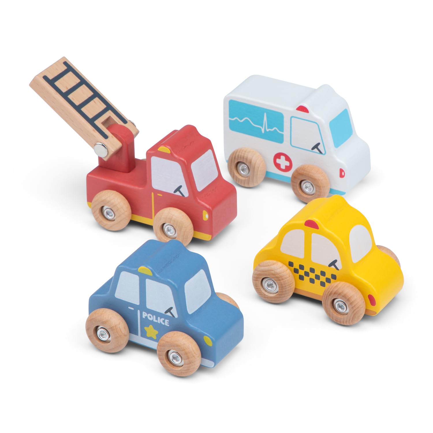 Woet® Wooden Toy Vehicles Set for Kids - 4 Pieces for Small World Play - Easy to Grip for Little Hands - Pretend Play Toy - Age 2 Years+